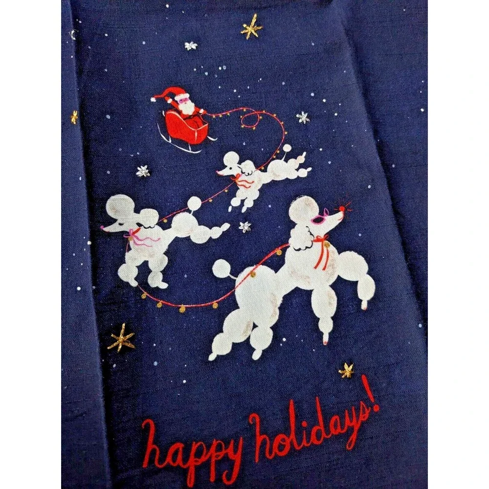 Anthropologie‎ Louise Pretzel Dashing Poodles Embroidered Christmas Dish Towel